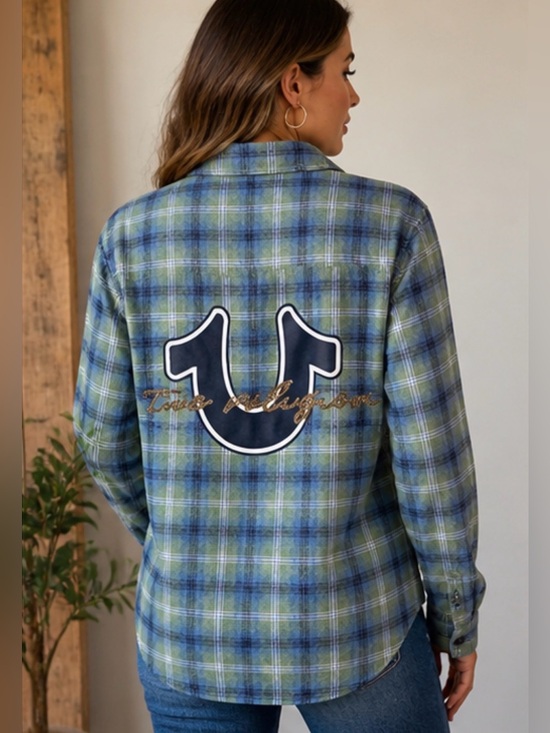 True Religion Tops - True Religion Plaid Flannel Shirt Horseshoe Logo Rhinestone Back Small